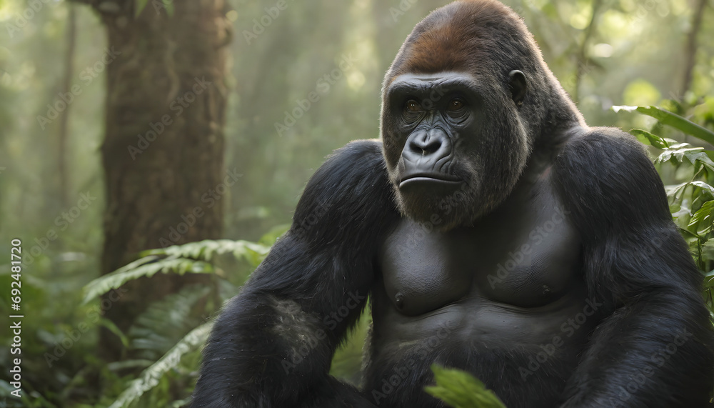 Gorilla in rainforest, Close-up photo of wild big black silverback monkey in the forest, Gorilla sitting in forest, generative ai