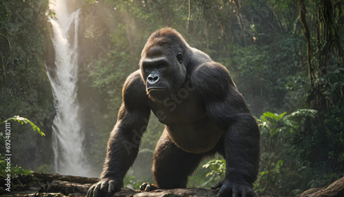 Gorilla in rainforest, Close-up photo of wild big black silverback Gorilla in the forest