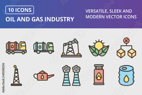 Oil and Gas Industry Thick Line Filled Colors Icons Set