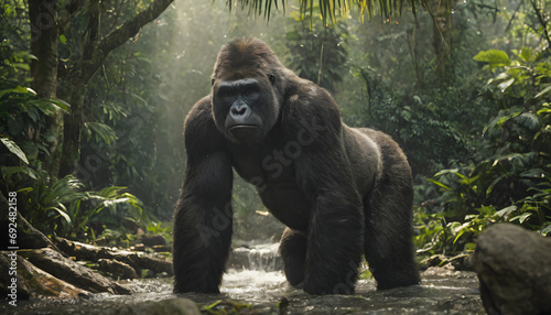 Gorilla in rainforest, Close-up photo of wild big black silverback monkey in the forest, Gorilla sitting in forest, generative ai