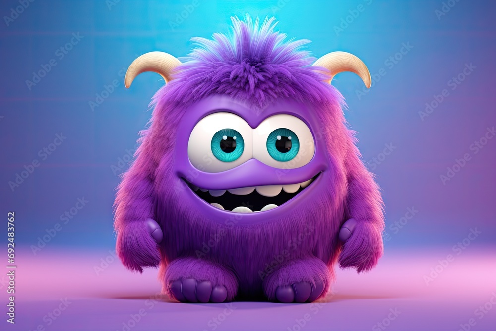Funny fluffy purple monster isolated on gradient blue background. Happy and furry little monster. Cute yeti. Halloween character	