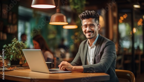 Cafe Creativity: Man in Glasses Smiles, Working on Laptop