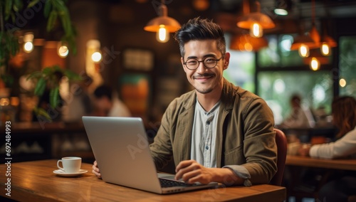 Asian Entrepreneur: Freelancer Focuses on Laptop Tasks in Cafe