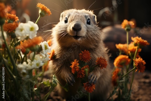 Celebrating Groundhog Day in the Tranquil Wilderness A Serene Image of Harmony with a Cute Rodent in its Burrow, Surrounded by Soft Sunlight, Greenery, and Earthy Tones Wildlife Scene © khwanrudi