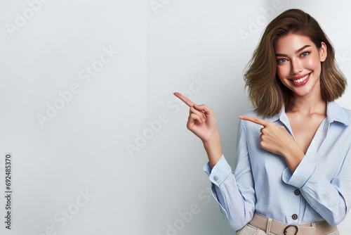 mockup of a young woman pointing to an empty area, AI generated photo