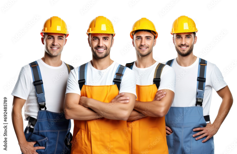 A group of smiling, handsome worker in workwear - Isolated, no background A group of smiling, handsome worker in workwear - Isolated, no background