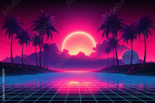 a neon landscape with palm trees and a grid floor