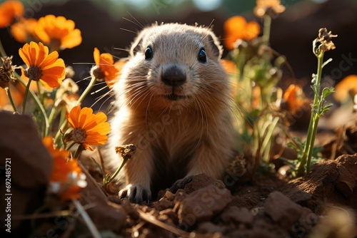 Celebrating Groundhog Day in the Tranquil Wilderness A Serene Image of Harmony with a Cute Rodent in its Burrow, Surrounded by Soft Sunlight, Greenery, and Earthy Tones Wildlife Scene © khwanrudi
