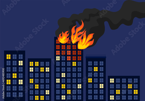 Fire in burning buildings at night orange flame cityscape background.