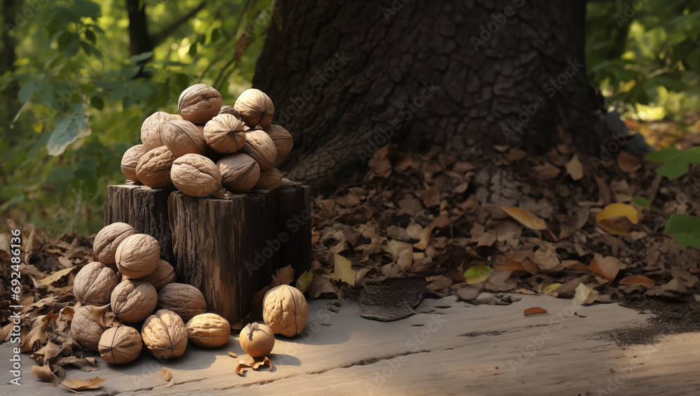 Pile of Nuts on Wooden Stump Created With Generative AI Technology Pile of Nuts on Wooden Stump Created With Generative AI Technology