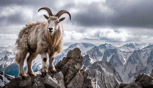Mountain Goat Surveying Majestic Rocky Mountain Landscape Created With Generative AI Technology