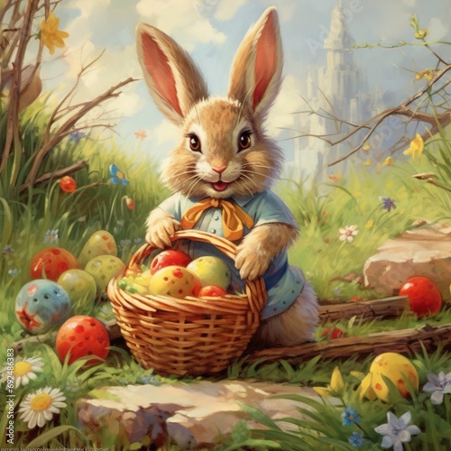 A hare with a basket of Colored Eggs for Easter