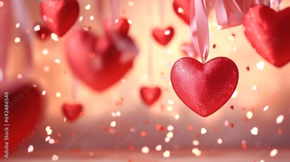 Hanging red hearts and sparkling confetti with romantic vibes. Valentine's Day celebration.