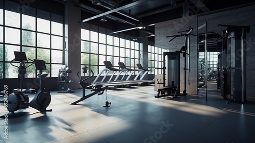 Gym room background with Fitness equipment, modern gym with bench press