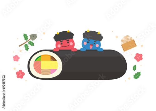 節分のイラスト素材、恵方巻きと赤鬼と青鬼