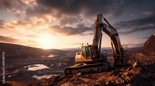 Excavator in earthworks in an open pit mine. Dig ore with an excavator in a quarry at sunset. Heavy construction equipment and Heavy Machinery during excavation at the Mining Site. Mining excavator