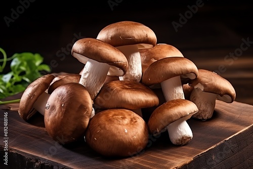 a group of mushrooms on a wood surface