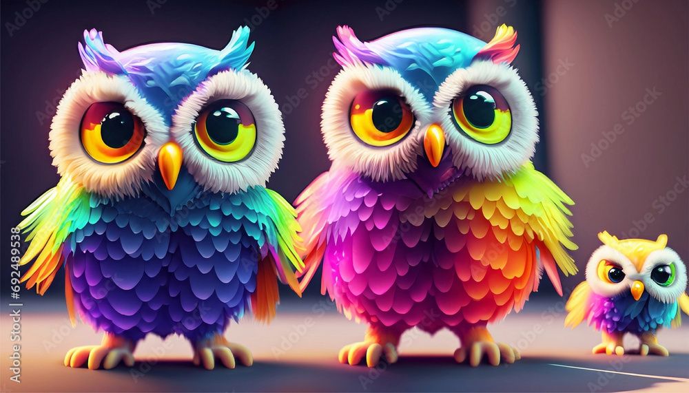 set of owls on a branch 3d cartoon 
