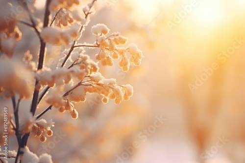 Winter nature background with frozen branch with leaves covered by snow and ice in the mourning. Hoarfrost, closeup frosty golden leaves. Abstract floral backdrop for design card, wallpaper, poster photo