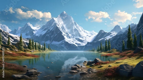 Landscape with lake and snowy mountains. Generative AI