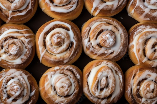 a group of cinnamon rolls with white frosting