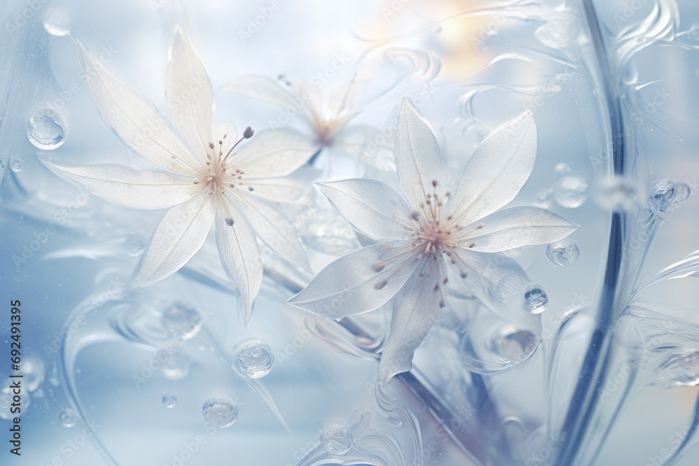 Frozen flowers. Light blue frost pattern on a window glass. Abstract background. Beautiful natural frosty winter backdrop on window. Texture wide screen with copy space