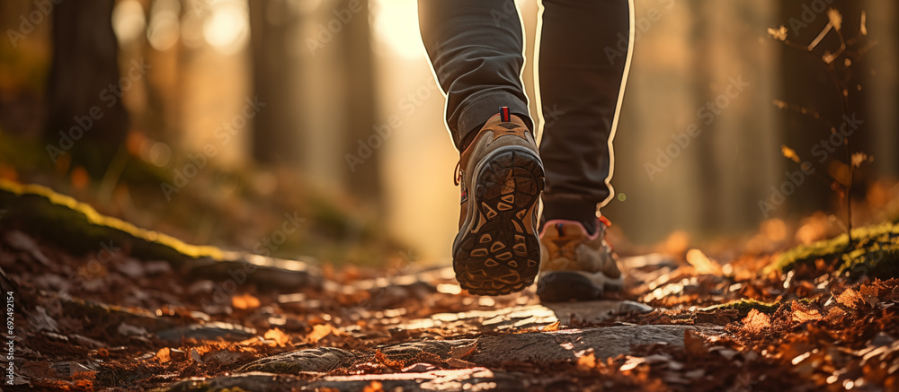 Hiker group walking in forest in sunset light. shoe rear view.
Hiker group walking in forest in sunset light. shoe rear view.