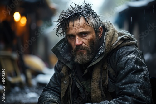 Homeless man on city streets in winter © Irina Mikhailichenko