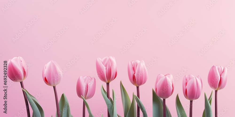 Fototapeta premium Beautiful composition spring flowers. Bouquet of pink tulips flowers on pastel pink background. Valentine's Day, Easter, Birthday, Happy Women's Day, Mother's Day. Flat lay, top view, with copy space