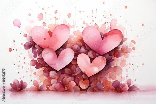 Valentine Day watercolor handrawing background with rose and gold pastel balloon hearts. Greeting card. photo