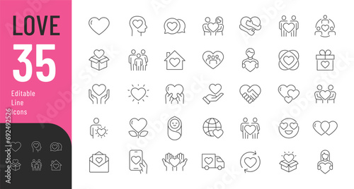 Love Editable Icons Set. Vector illustration in thin line style of romantic icons: love messages, couples, hearts, and more. Isolated on white