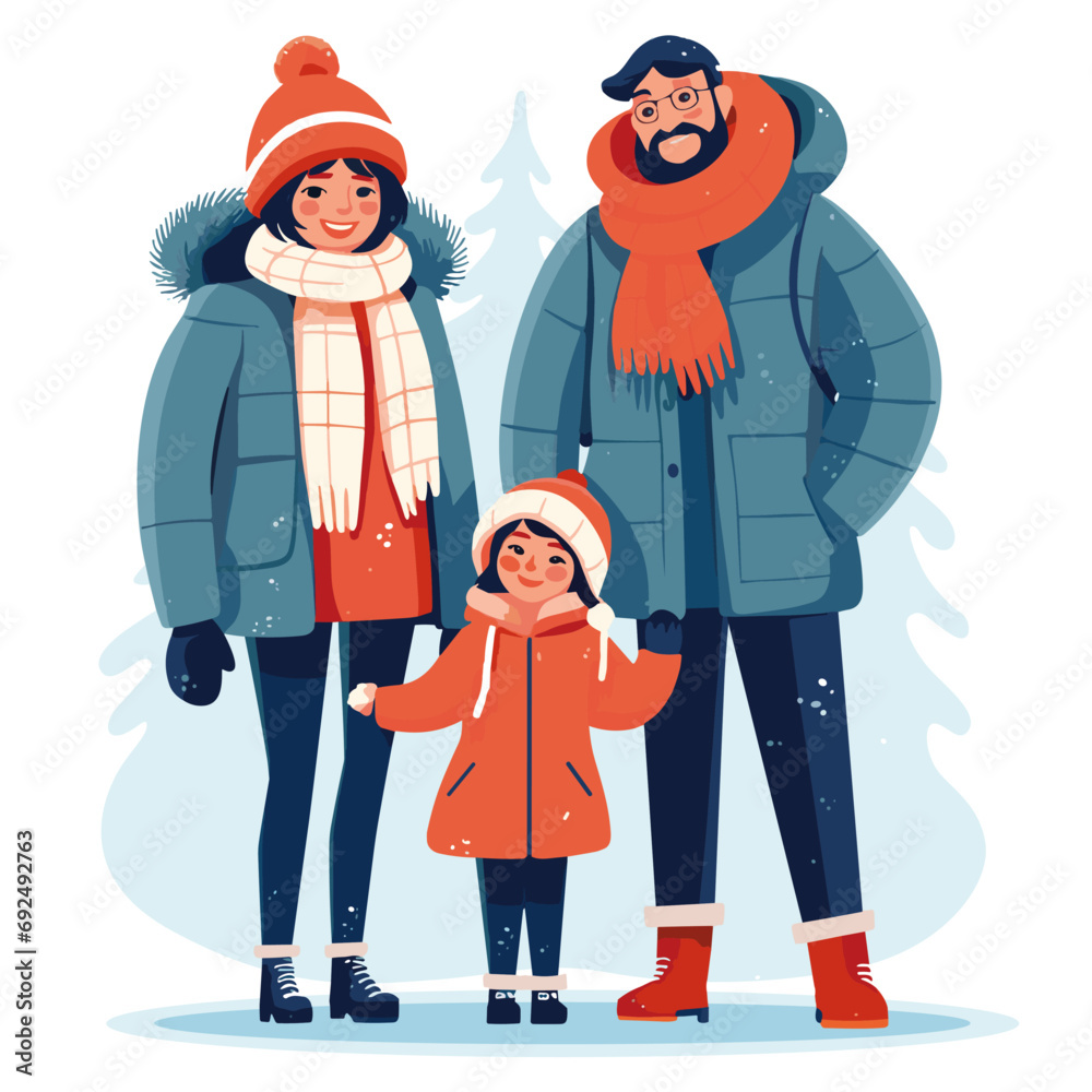 Happy family in the snow holiday - flat color vector illustration