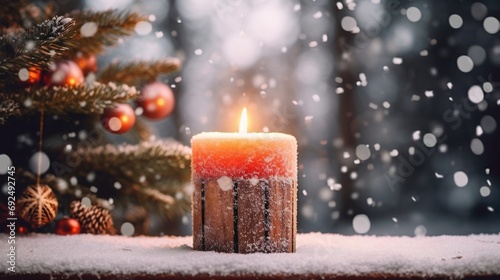 Advent candle on Christmas with snow, festive, serene, soft natural light, the warmth of the candlelight against the snowy backdrop, holiday ambiance, christmas candle and christmas tree on snow