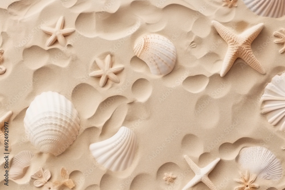 Top view of a sandy beach texture with imprints of exotic seashells and starfish as natural textured background. generative ai.