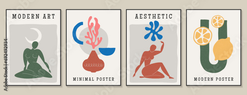 Matisse aesthetic naive posters. Set of modern wall art, aesthetic artworks with woman figures, botanical plants, vase and lemon fruit. Botanical prints in contemporary style for interior decor.