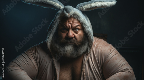 Fat man with beard wearing bunny ears looks disgusted