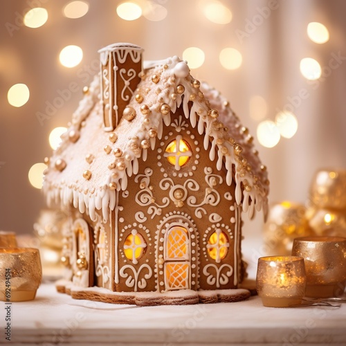 gingerbread house surrounded by New Year's lights, preparation for the New Year and Christmas, DIY baking