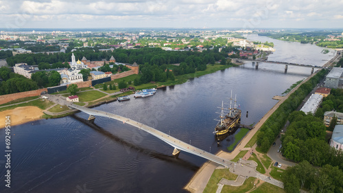 Aerial view of the bridges over the Volkhov River in Veliky Novgorod, river transport and tourism in the city