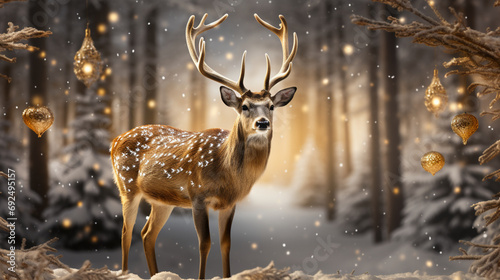 Gold reindeer, Christmas decorations on a background with snow and Christmas tree