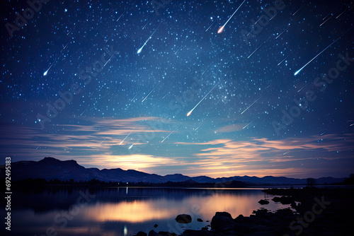 Beautiful Meteor shower in the dark sky at night background, Shiny of shooting star from space, landscape outside of the city, milky way scene. photo