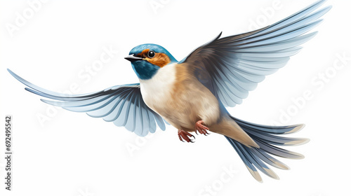 portrait of a bird flying on white background 
