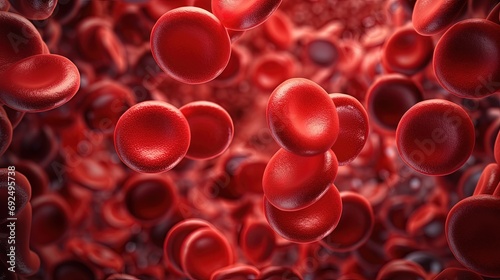 Red blood cells circulating in the blood vessels - leukocytes. Superior magnified views of human blood cells under microscope examination