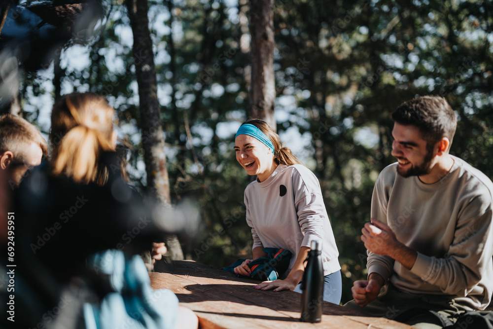 A group of young hikers enjoy an autumn day exploring a forest. Engaged in fun conversations, they embrace a healthy and active lifestyle, surrounded by the beauty of nature.