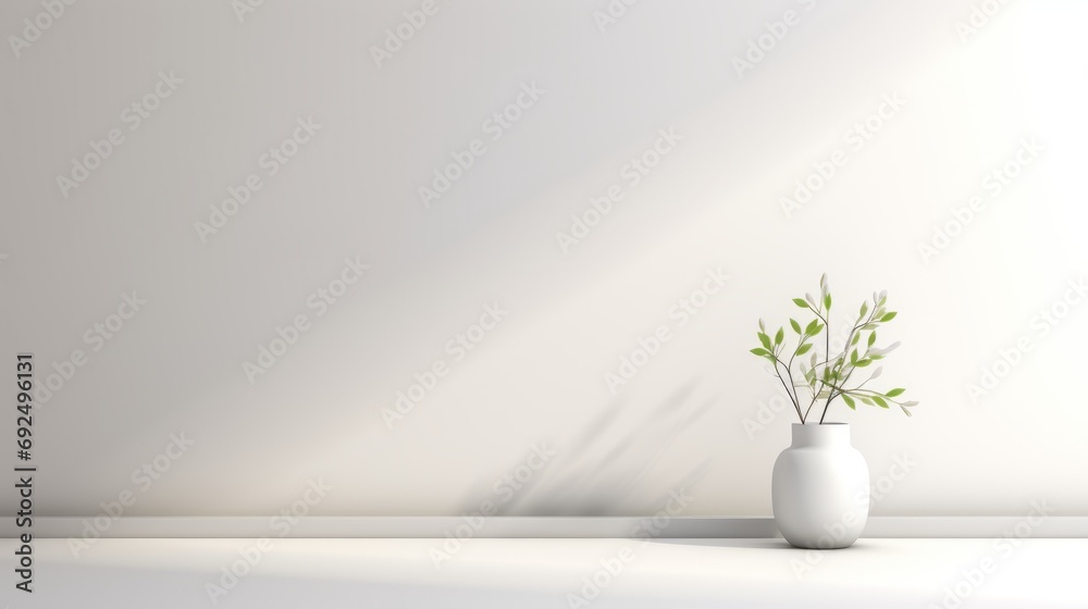 Empty room with shadows of window and flowers and palm leaves.Abstract white studio background for product presentation.  - obrazy, fototapety, plakaty 