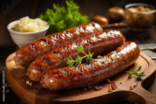 Bratwurst: German-Style Sausages with Sauerkraut and Mustard photo