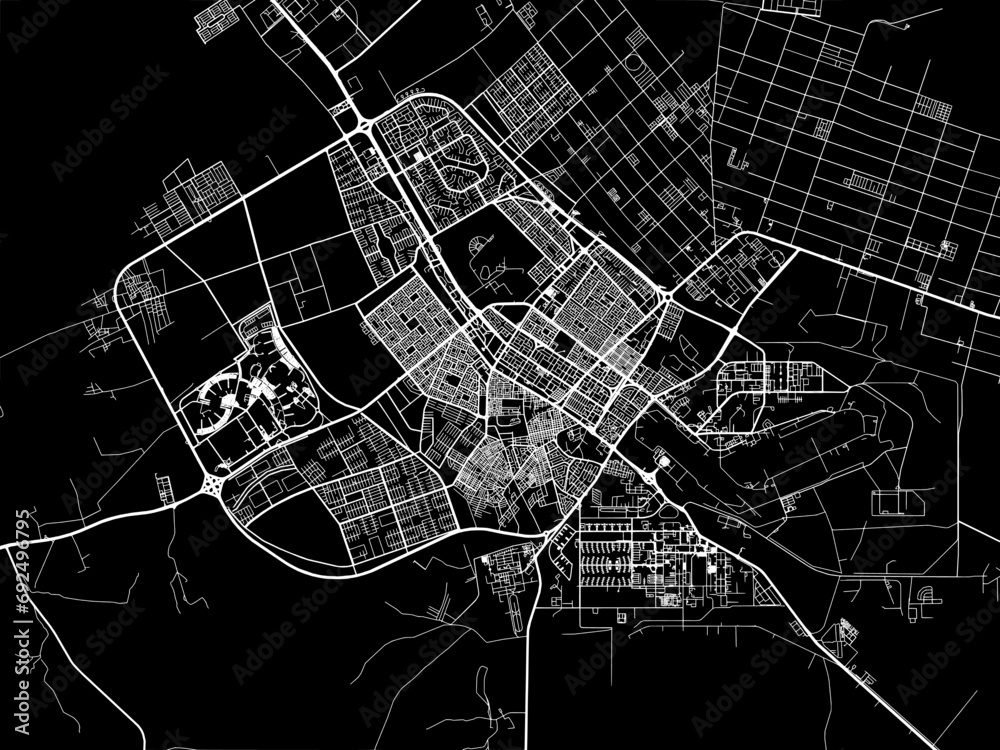 Vector road map of the city of Tabuk in the Kingdom of Saudi Arabia with white roads on a black background.