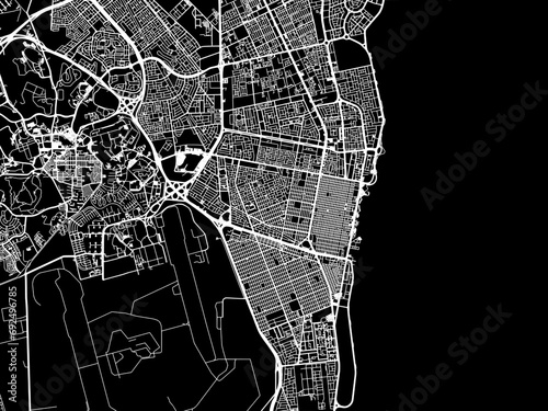 Vector road map of the city of Khobar in the Kingdom of Saudi Arabia with white roads on a black background. photo