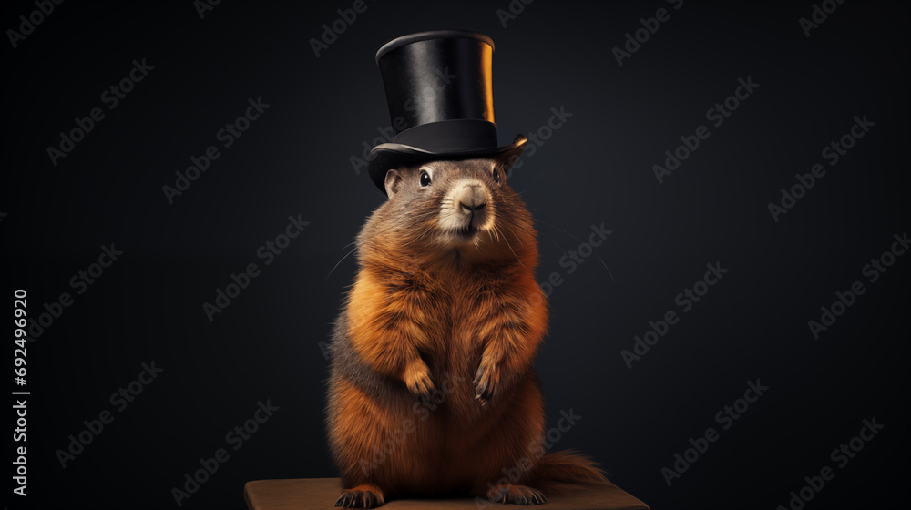 
A groundhog in a top hat poses in a photo studio. isolated on black background. copy space - obrazy, fototapety, plakaty 
