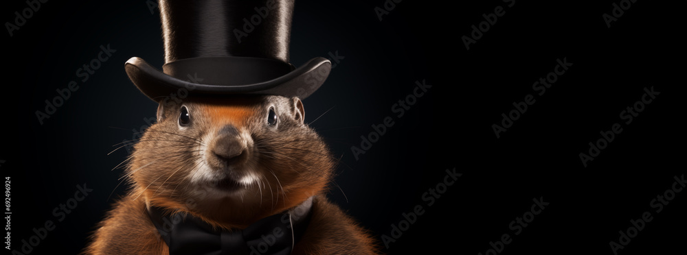 
A groundhog in a top hat poses in a photo studio. isolated on black background. copy space.banner - obrazy, fototapety, plakaty 