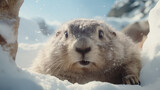 
The snowy marmot wakes up and comes out of the hole
